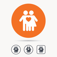 Couple love icon. Traditional young family symbol. Orange circle button with web icon. Star and square design. Vector