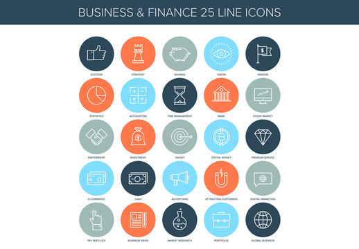 25 Circular Line-Drawn Business Icons