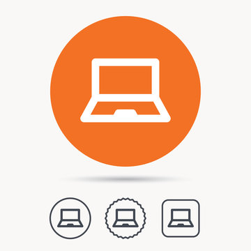 Computer Icon. Notebook Or Laptop Pc Symbol. Orange Circle Button With Web Icon. Star And Square Design. Vector