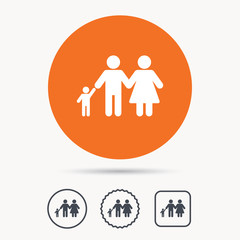 Fototapeta premium Family icon. Father, mother and child symbol. Orange circle button with web icon. Star and square design. Vector