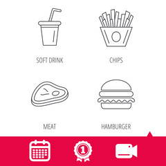 Achievement and video cam signs. Hamburger, meat and soft drink icons. Chips fries linear sign. Calendar icon. Vector