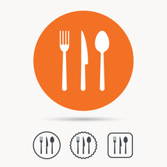 Fork, knife and spoon icons. Cutlery symbol. Orange circle button with web icon. Star and square design. Vector