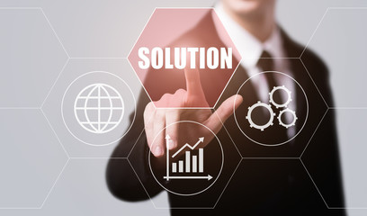businessman pressing button on virtual screens