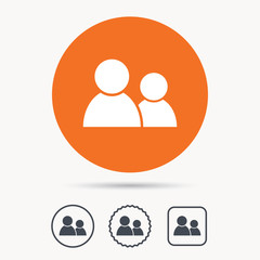 Friends icon. Group of people sign. Communication symbol. Orange circle button with web icon. Star and square design. Vector