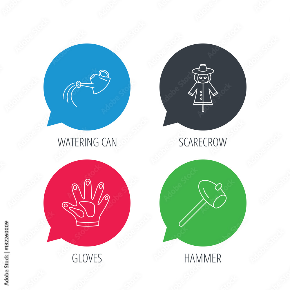 Poster colored speech bubbles. hammer, scarecrow and watering can icons. gloves linear sign. flat web butto