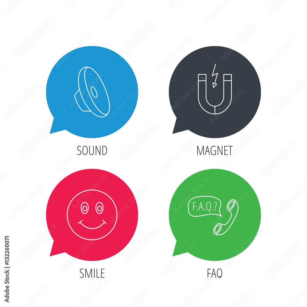 Poster colored speech bubbles. magnet, smiling face and faq speech bubble icons. sound linear sign. flat we