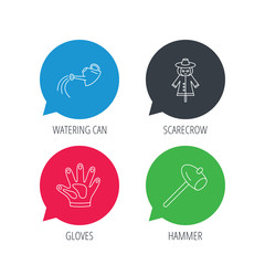 Colored speech bubbles. Hammer, scarecrow and watering can icons. Gloves linear sign. Flat web buttons with linear icons. Vector