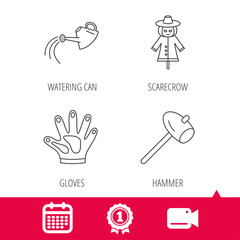Achievement and video cam signs. Hammer, scarecrow and watering can icons. Gloves linear sign. Calendar icon. Vector