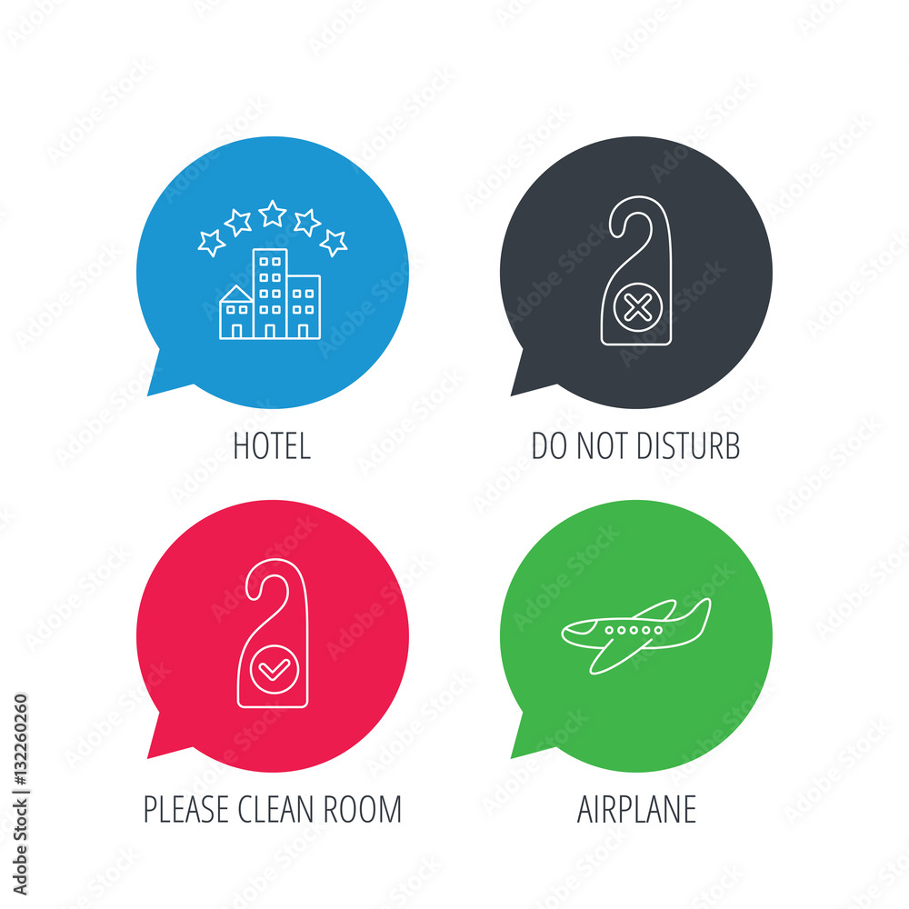 Poster colored speech bubbles. hotel, airplane and do not disturb icons. clean room linear sign. flat web b
