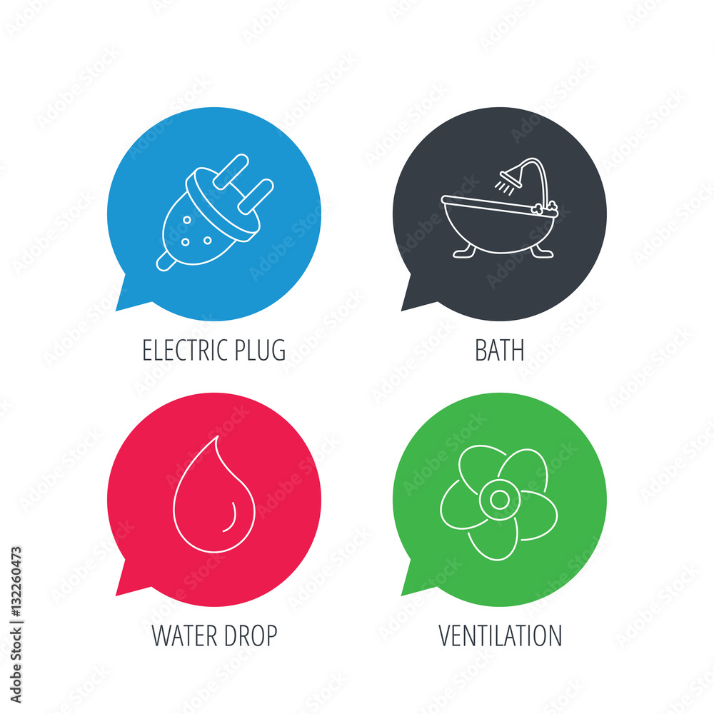 Poster colored speech bubbles. ventilation, water drop and electric plug icons. bath linear sign. flat web 