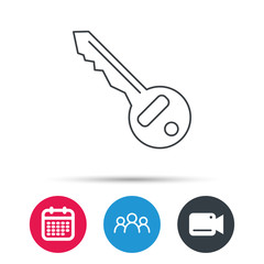 Key icon. Door unlock tool sign. Group of people, video cam and calendar icons. Vector