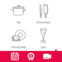 Achievement and video cam signs. Kitchen knives, glass and pan icons. Food and drink linear sign. Calendar icon. Vector