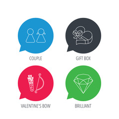 Colored speech bubbles. Couple, brilliant and engagement gift box icons. Valentine amour arrows linear signs. Flat web buttons with linear icons. Vector