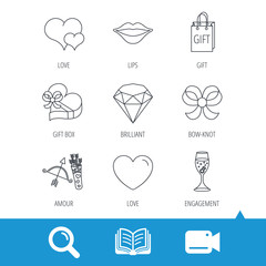 Love heart, brilliant and engagement ring icons. Bow, smile and gift box linear signs. Valentine amour arrows flat line icons. Video cam, book and magnifier search icons. Vector