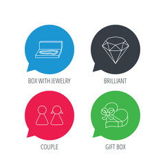 Colored speech bubbles. Brilliant, gift box and couple icons. Box with jewelry linear sign. Flat web buttons with linear icons. Vector