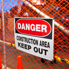 Danger Construction Area safety warning sign. Selective focus.