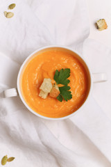 pumpkin soup with garlic croutons top view