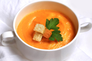 pumpkin soup with garlic croutons top view