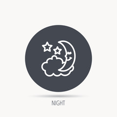 Night or sleep icon. Moon and stars sign. Crescent astronomy symbol. Round web button with flat icon. Vector