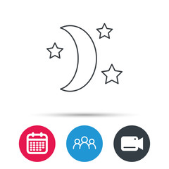 Night or sleep icon. Moon and stars sign. Crescent astronomy symbol. Group of people, video cam and calendar icons. Vector