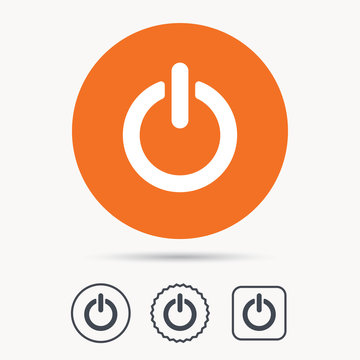 On, off power icon. Energy switch symbol. Orange circle button with web icon. Star and square design. Vector