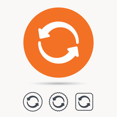 Update icon. Refresh or repeat symbol. Orange circle button with web icon. Star and square design. Vector