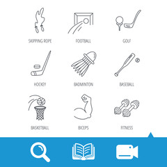 Skipping rope, football and golf icons. Hockey, baseball and badminton linear signs. Basketball, biceps and fitness sport icons. Video cam, book and magnifier search icons. Vector