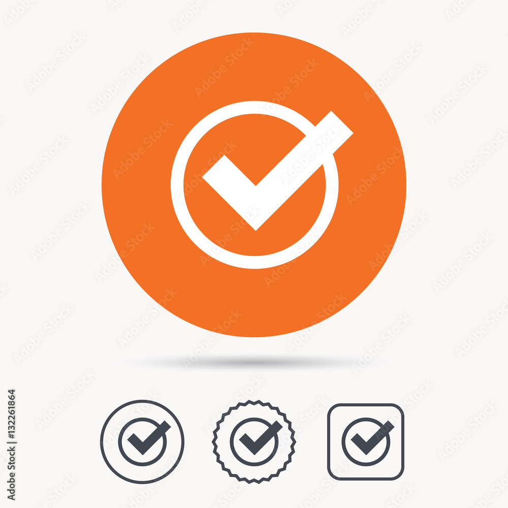 Poster tick icon. check or confirm symbol. orange circle button with web icon. star and square design. vect