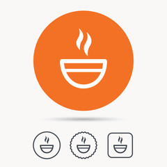 Tea cup icon. Hot coffee drink symbol. Orange circle button with web icon. Star and square design. Vector