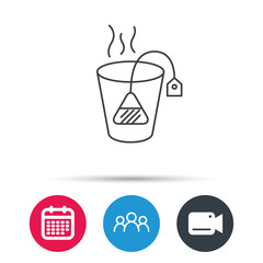 Tea bag icon. Natural hot drink sign. Breakfast beverage symbol. Group of people, video cam and calendar icons. Vector