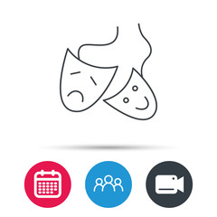 Theater masks icon. Drama and comedy sign. Masquerade or carnival symbol. Group of people, video cam and calendar icons. Vector