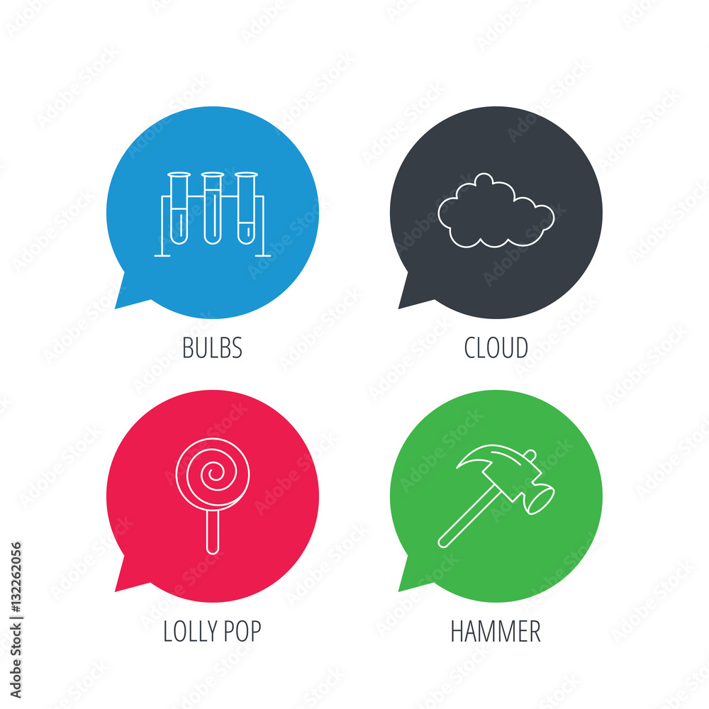 Poster colored speech bubbles. hammer, lab bulbs and weather cloud icons. lolly pop linear sign. flat web b