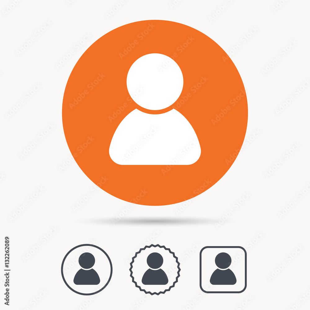 Poster user icon. human person symbol. avatar login sign. orange circle button with web icon. star and squa