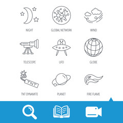 Ufo, planet and telescope icons. World, global network and night linear signs. TNT dynamite, fire flame and wind flat line icons. Video cam, book and magnifier search icons. Vector