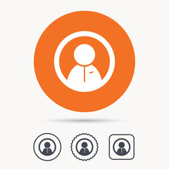 User icon. Human person symbol. Orange circle button with web icon. Star and square design. Vector