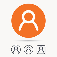 User icon. Human person symbol. Avatar login sign. Orange circle button with web icon. Star and square design. Vector