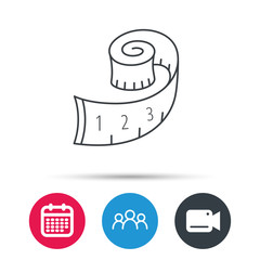 Measuring tape icon. Weight loss sign. Group of people, video cam and calendar icons. Vector