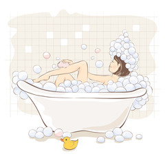 Naklejka premium Girl in the bath / Funny vector illustration, girl in the foam