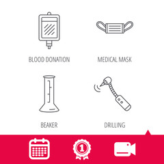 Achievement and video cam signs. Medical mask, blood and drilling tool icons. Beaker linear sign. Calendar icon. Vector