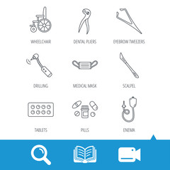 Medical mask, pills and dental pliers icons. Tablets, drilling tool and wheelchair linear signs. Enema, scalpel and tweezers flat line icons. Video cam, book and magnifier search icons. Vector