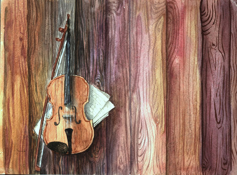 Vintage guitar, violin musical instrument with music-sheets on the wooden planks table. Watercolor artistic artwork.