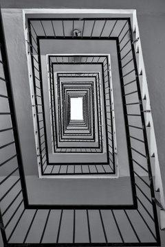 Rectangle shaped staircase spiral in black and white. Slovakia