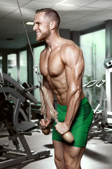 Fototapeta na wymiar Muscular bodybuilder guy doing triceps exercises