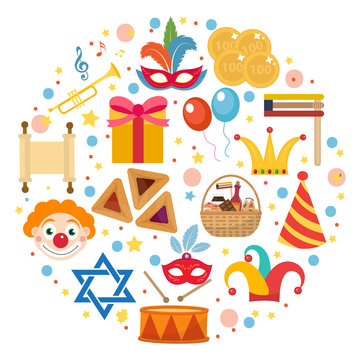 Purim icons set in round shape, isolated on white background. Vector illustration clip-art