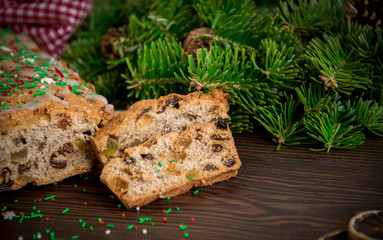 Winter delicious cake with candied fruit and decorations