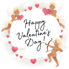 Cupid angel with bow and arrow aiming at someone's heart illustration. Valentine's day card decoration. Vector.