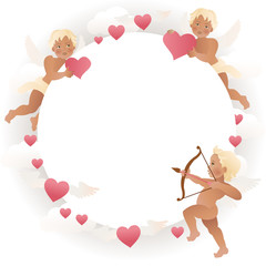 Cupid angel with bow and arrow aiming at someone's heart illustration. Valentine's day card decoration. Vector.