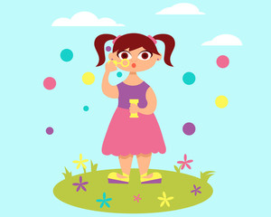 Little girl and soap bubbles on summer meadow. Vector illustration