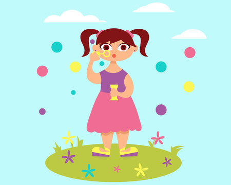Little girl and soap bubbles on summer meadow. Vector illustration