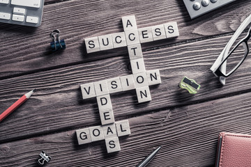 Conceptual business keywords on table with elements of game maki